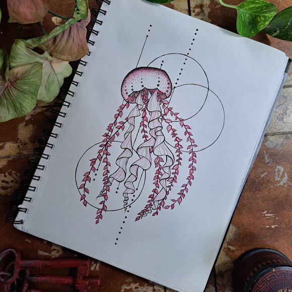 Pink and black Jellyfish with Geometric Accents 8x12" - Picture 1 of 1